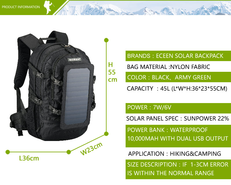 Solar Hiking Backpack 6.5W – 30L Travel Daypack for 17" Laptop